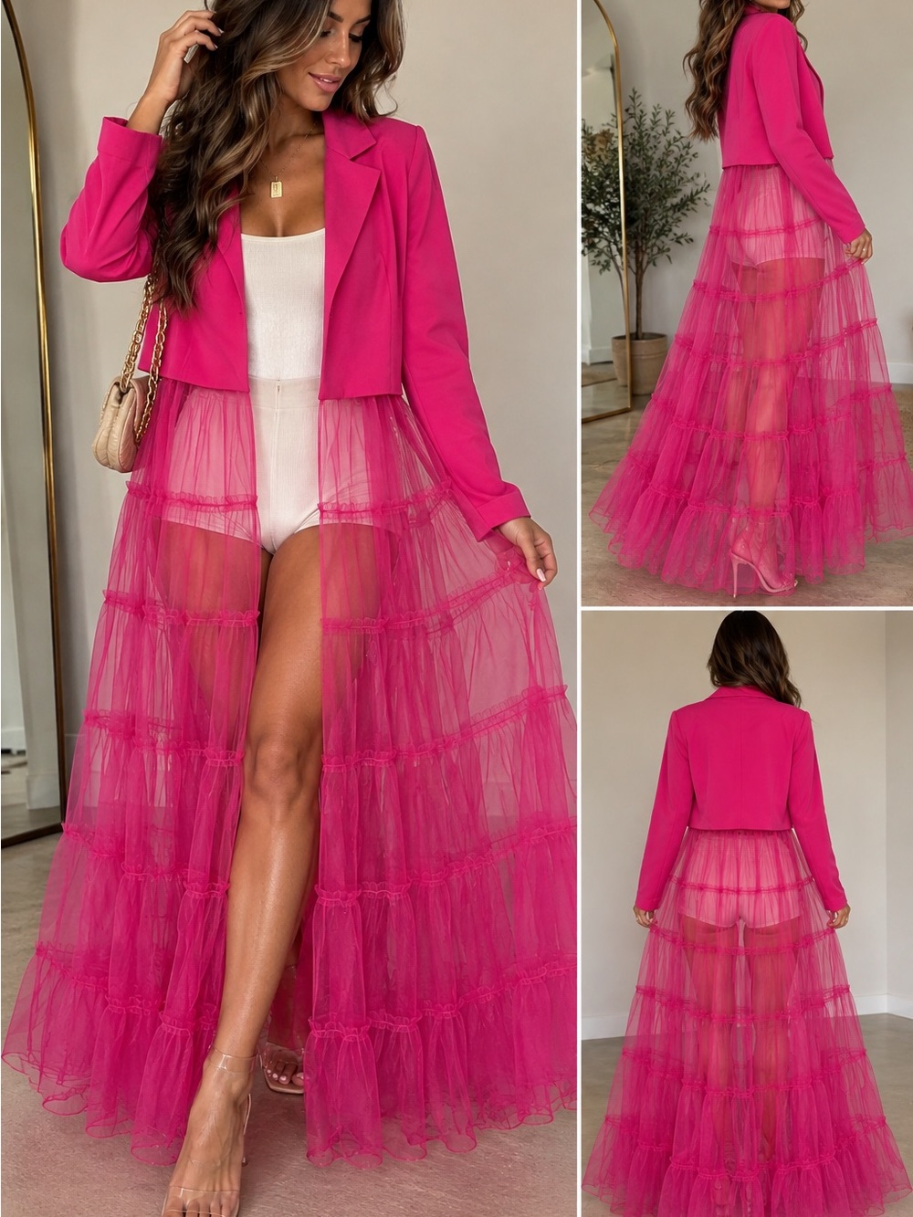 Fuchsia Sheer Tiered Maxi Topper Jacket - Women's Maxi